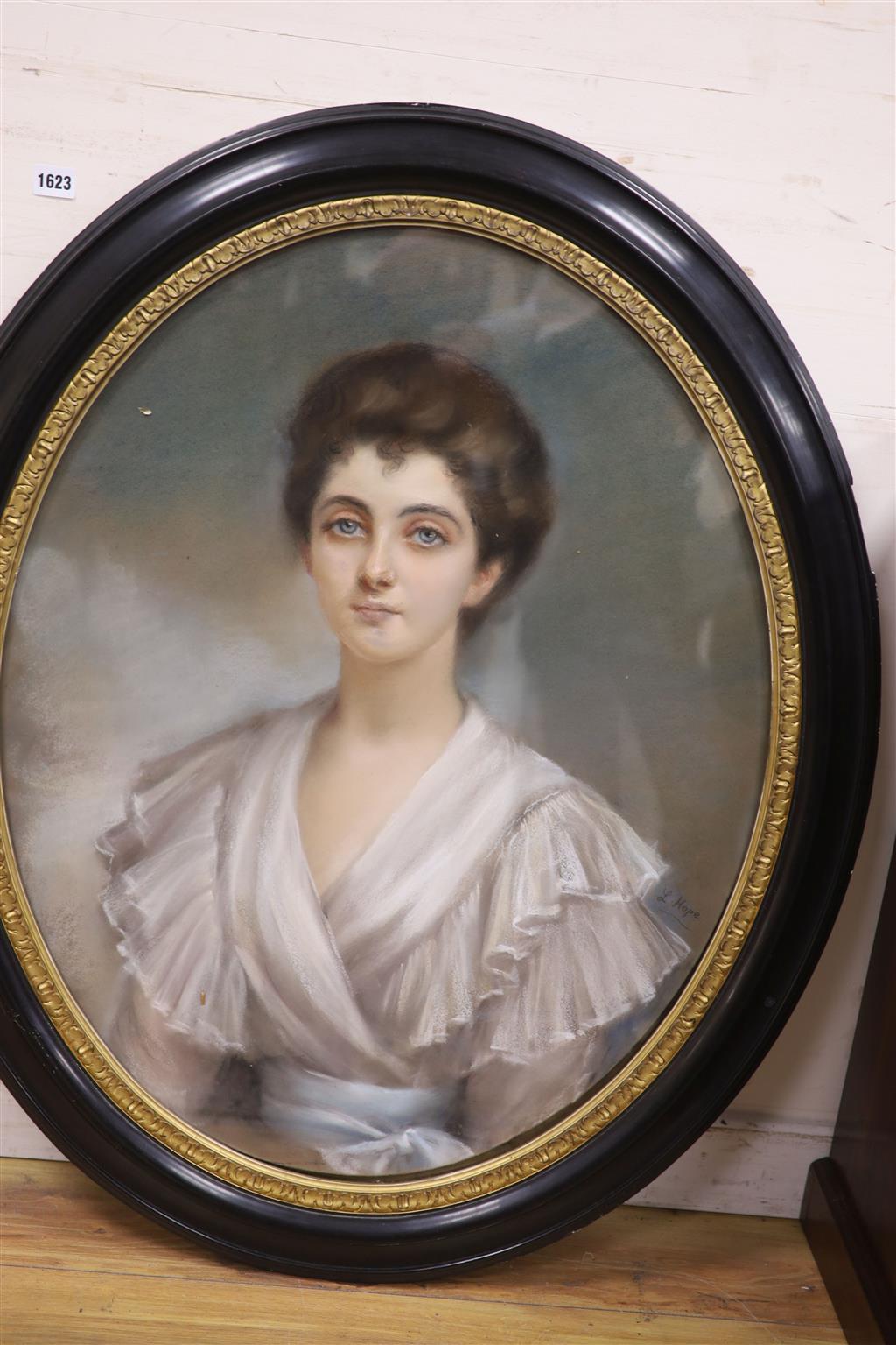 L. Hope c.1900, pastel, Portrait of a young lady wearing a white dress, signed, oval, 75 x 60cm
